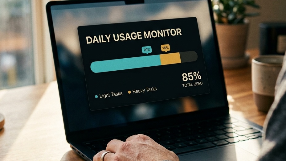Close-up photo of a man's hand near a laptop keyboard on a wooden desk, with the screen showing a Daily Usage Monitor card, a Light Tasks and Heavy Tasks meter bar, and an 85% total-used readout